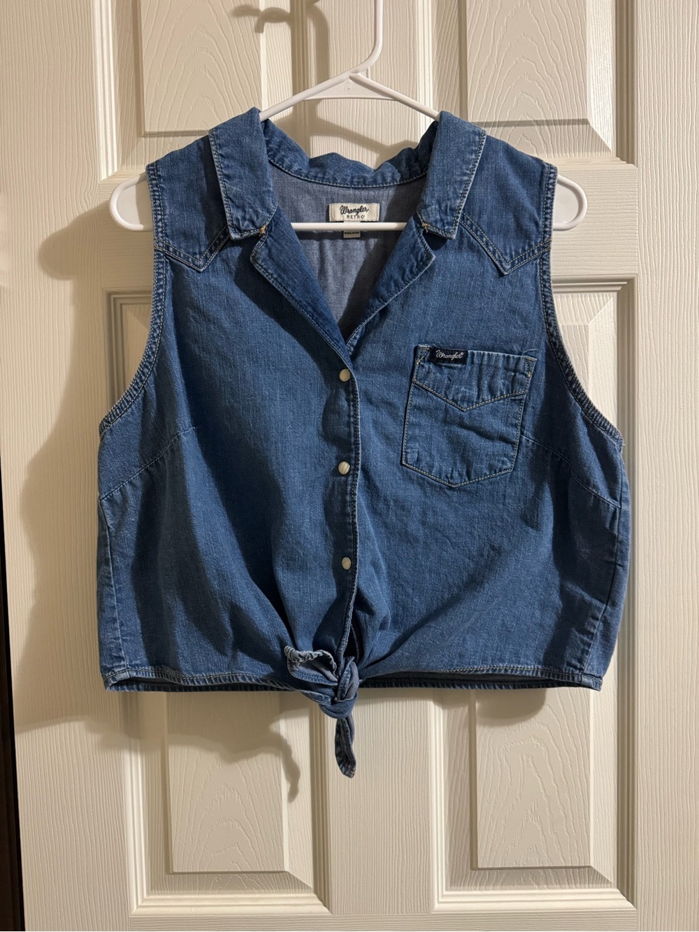 Wrangler' Blue Denim pearl snap tie-Front Sleeveless Shirt